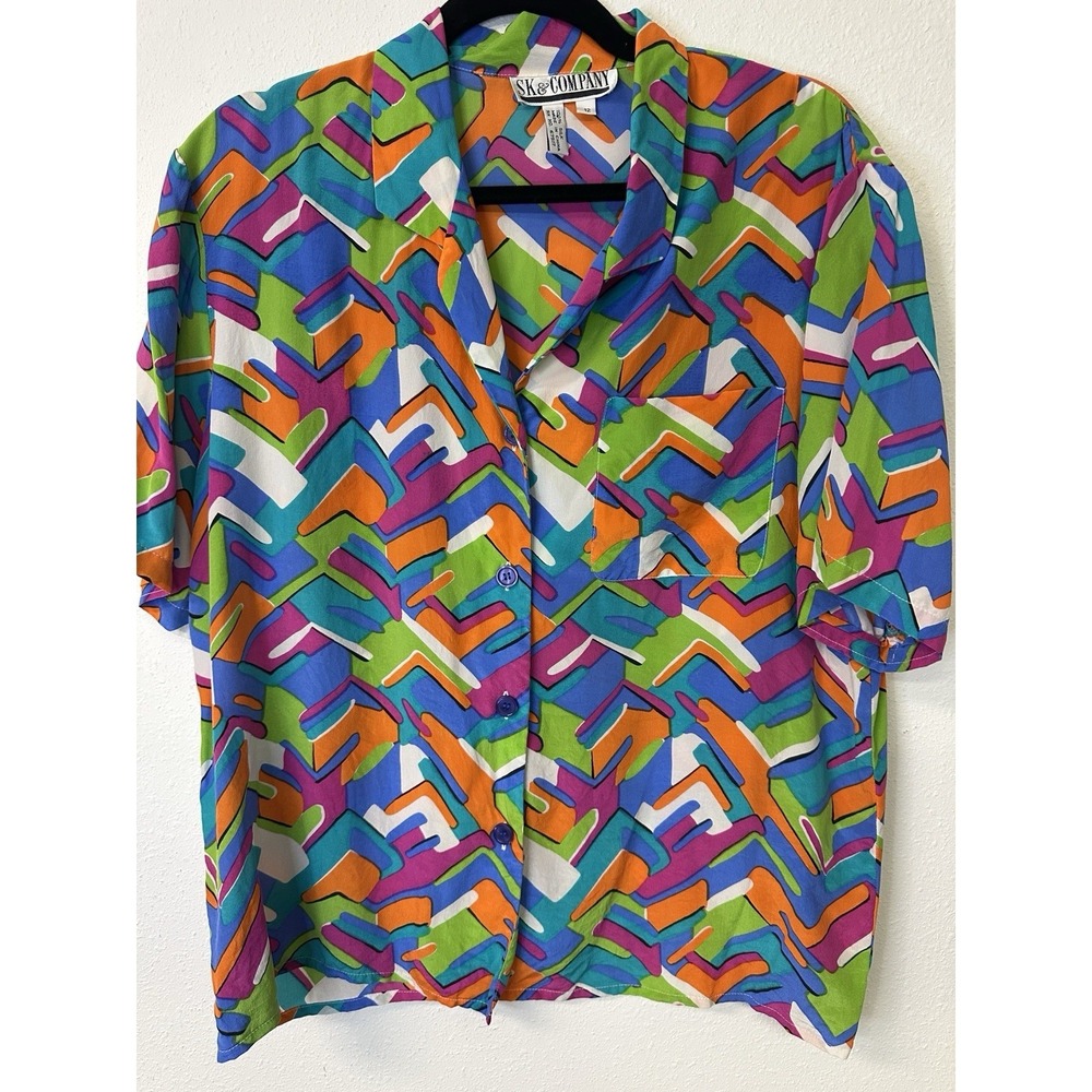 Vintage 80s SK & COMPANY 100% Silk Bright Geo Print Button Blouse Shirt Size 12